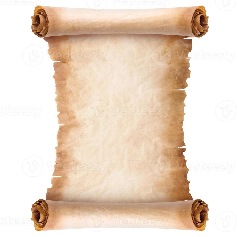 old parchment paper scroll sheet vintage aged or texture isolated on white background photo