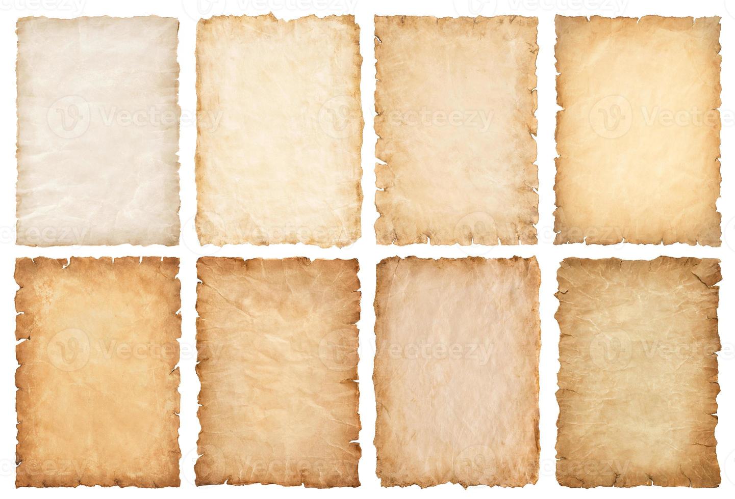 collection set old parchment paper sheet vintage aged or texture isolated on white background photo