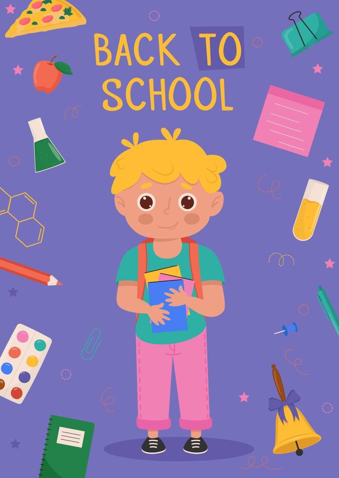 diseño de banner de regreso a la escuela con un personaje escolar divertido y colorido, artículos educativos. coloridas plantillas de regreso a la escuela para invitación, afiche, pancarta, promoción, venta, etc. vector