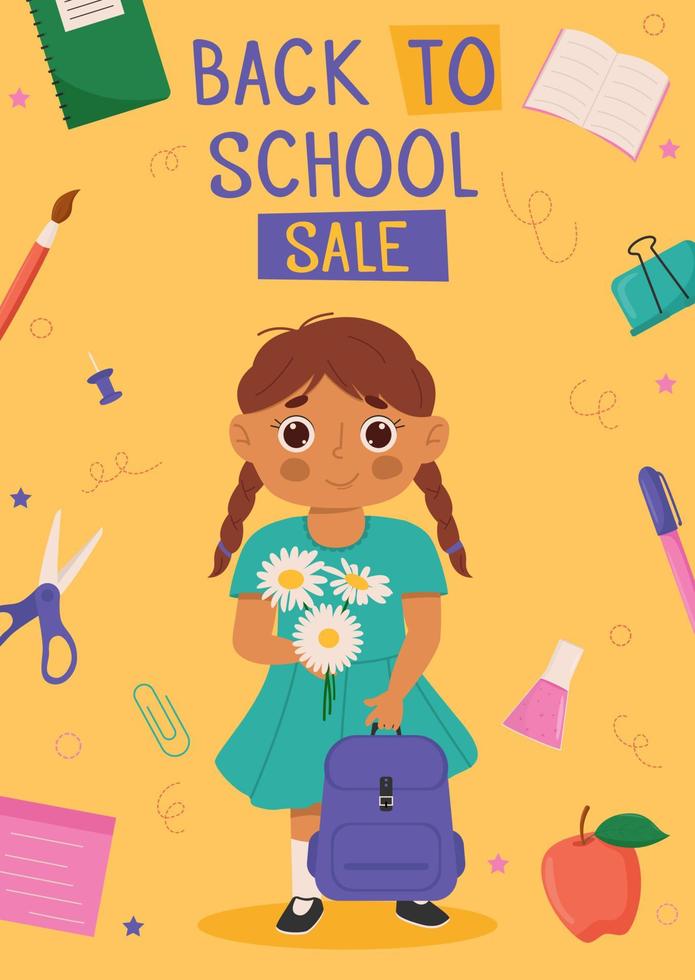 diseño de banner de regreso a la escuela con un personaje escolar divertido y colorido, artículos educativos. coloridas plantillas de regreso a la escuela para invitación, afiche, pancarta, promoción, venta, etc. vector