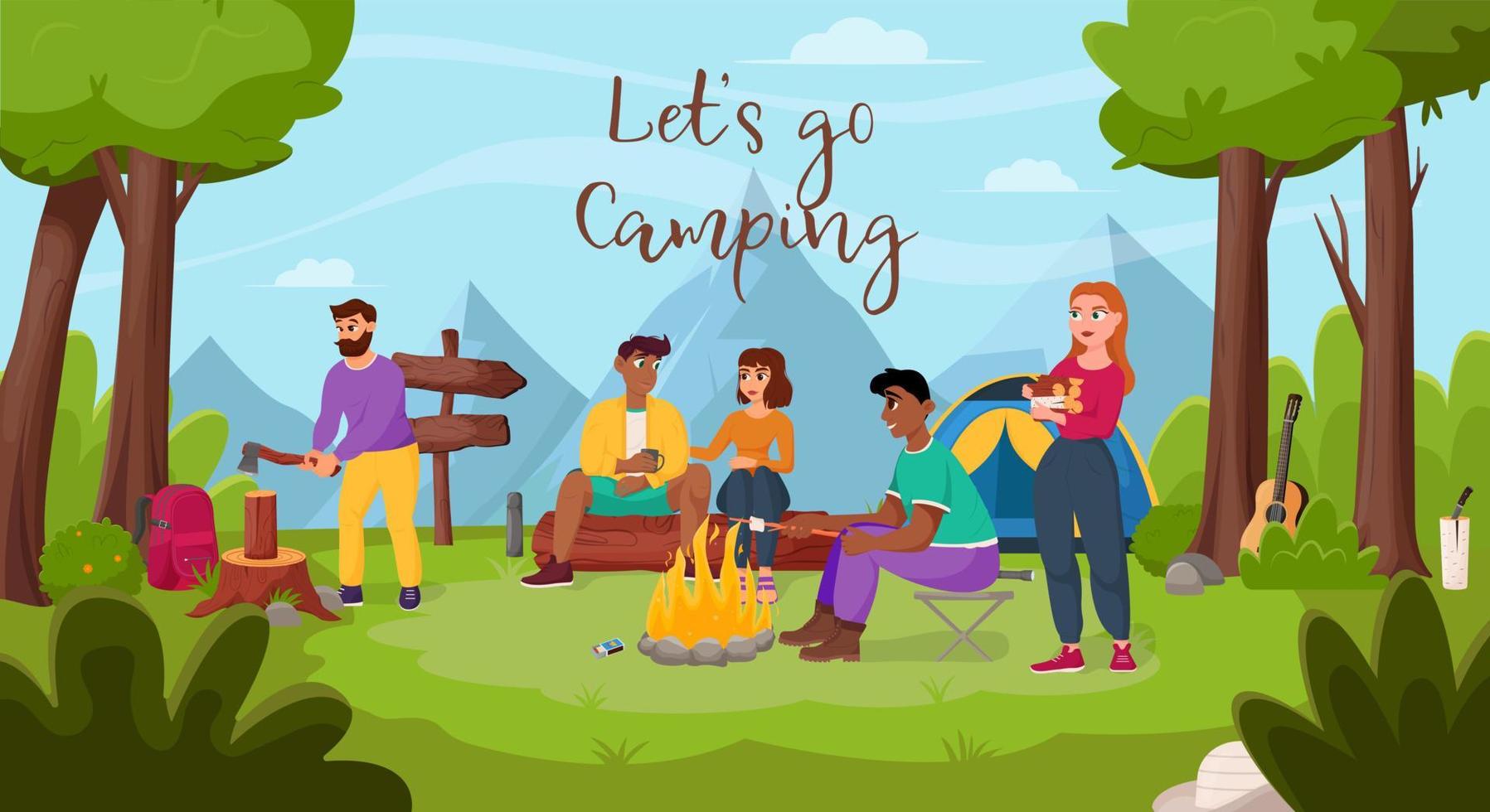 Friends relax in nature. Summertime camping, hiking, camper, adventure time concept. Flat vector illustration for poster, banner, flyer