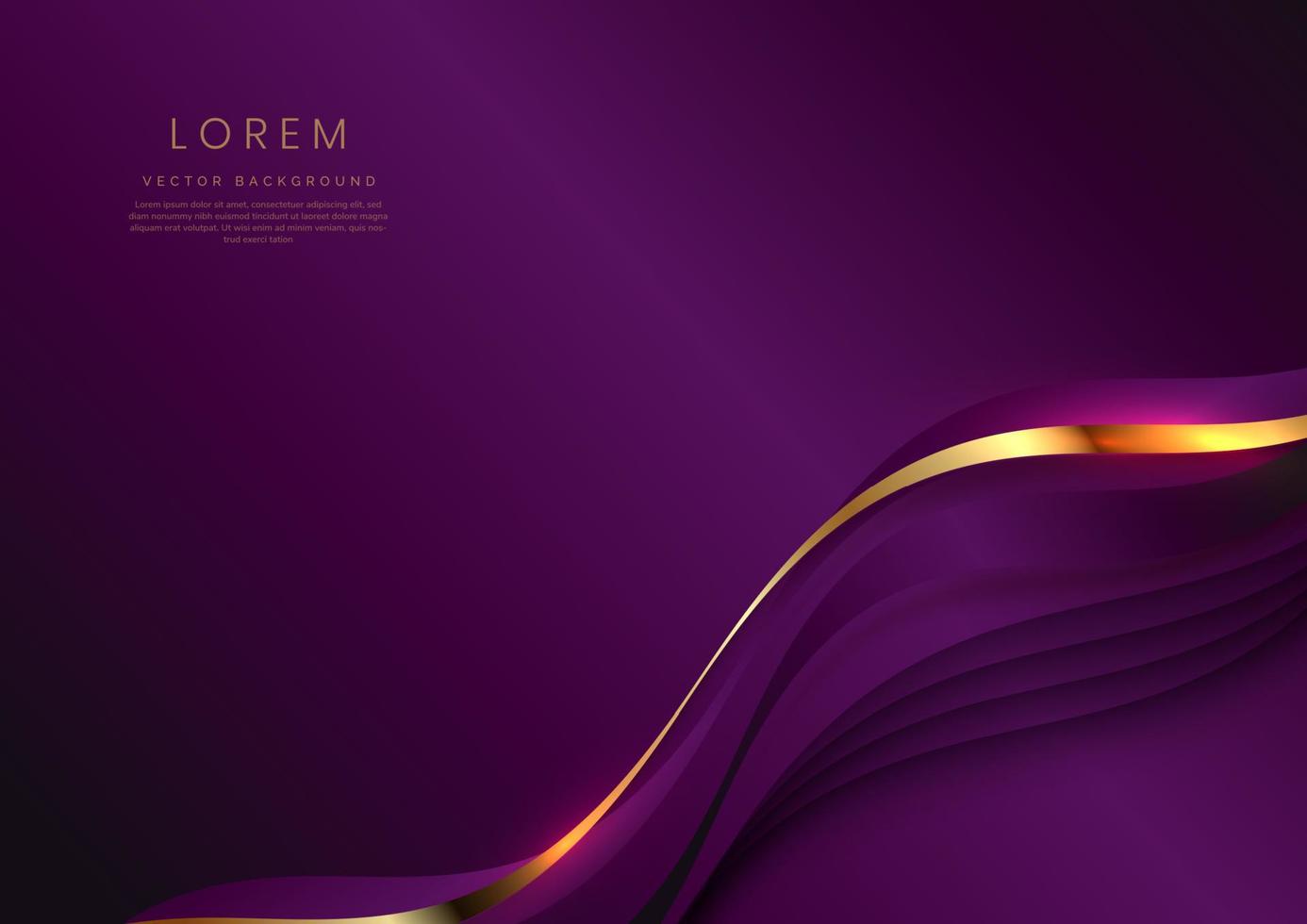 Abstract 3d gold curved ribbon on purple background with lighting effect and copy space for text. Luxury template design style. vector