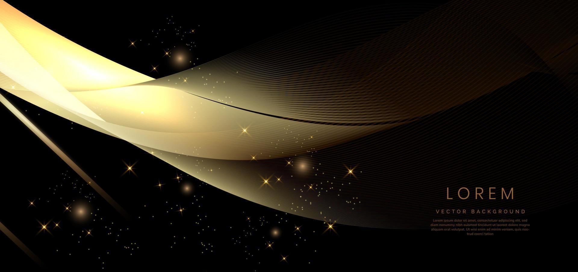 Abstract 3d black background with gold lines curved wavy sparkle with copy space for text. Luxury style template design. vector