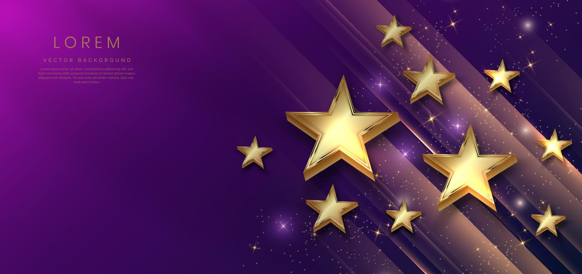 estrellas doradas de lujo abstractas sobre fondo azul oscuro y violeta con efecto de iluminación y spakle. diseño de premio premium de plantilla. vector