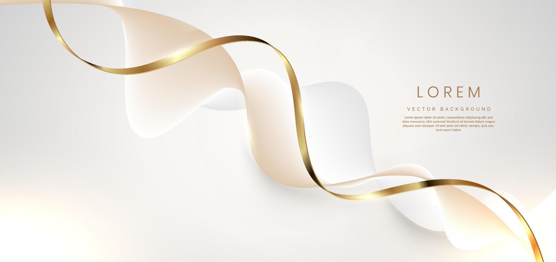 Abstract 3d gold curved white and gold ribbon on grey background with lighting effec and copy space for text. Luxury design style. vector