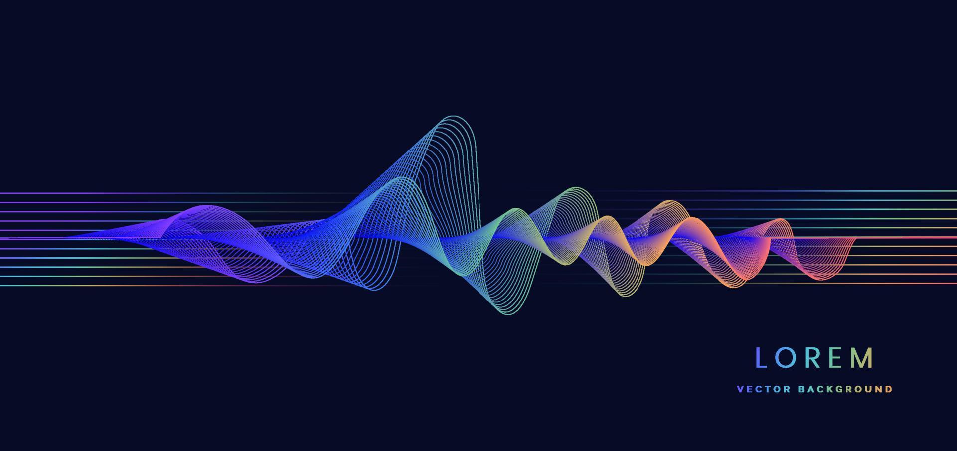 Abstract colorful sound wave music lines flowing on dark blue background. You can use for ad, poster, template, business presentation. Vector illustration