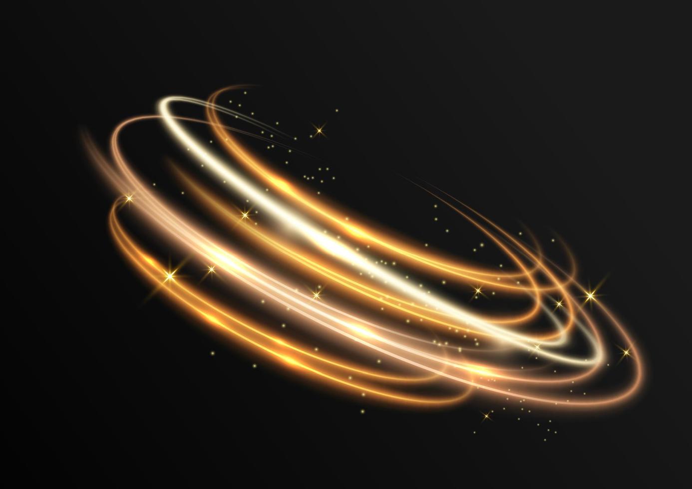 Gold light effect curves with sparkle on black background. vector