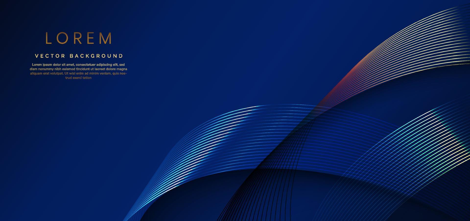 Abstract luxury golden lines curved overlapping on dark blue background. Template premium award design. vector