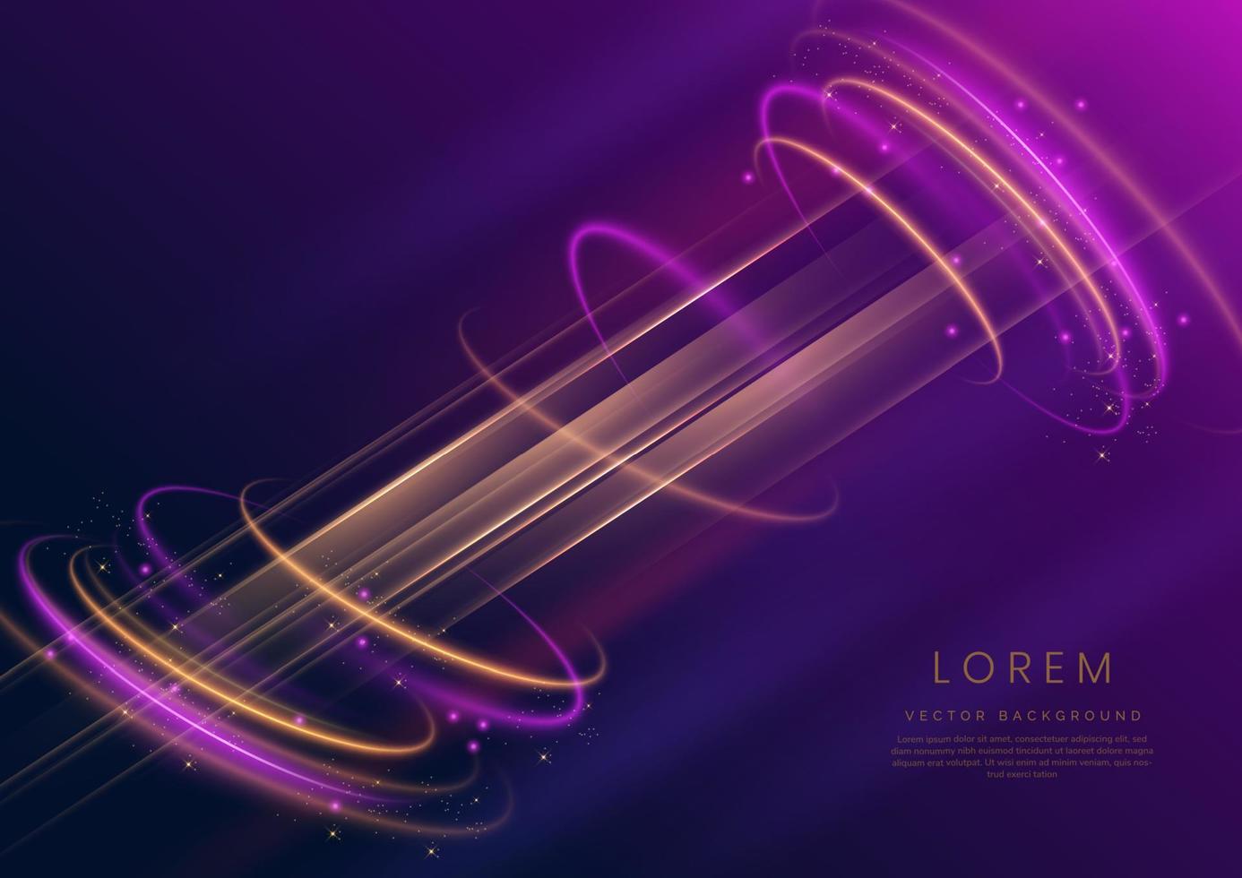 Abstract luxury golden lines curved overlapping on dark blue and purple background with lighting effect spakle. Template premium award ceremony design. vector