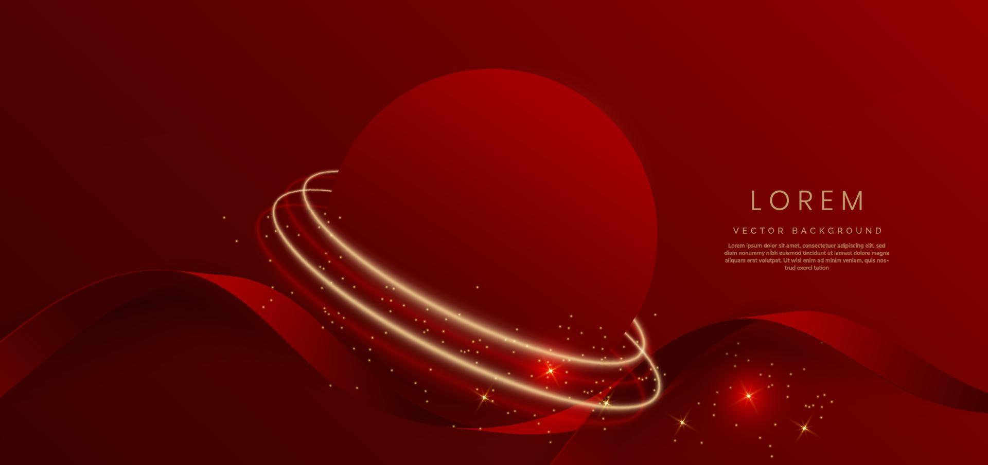 Abstract 3d gold curved red ribbon on red background with lighting effect and sparkle with copy space for text. Luxury design style. vector