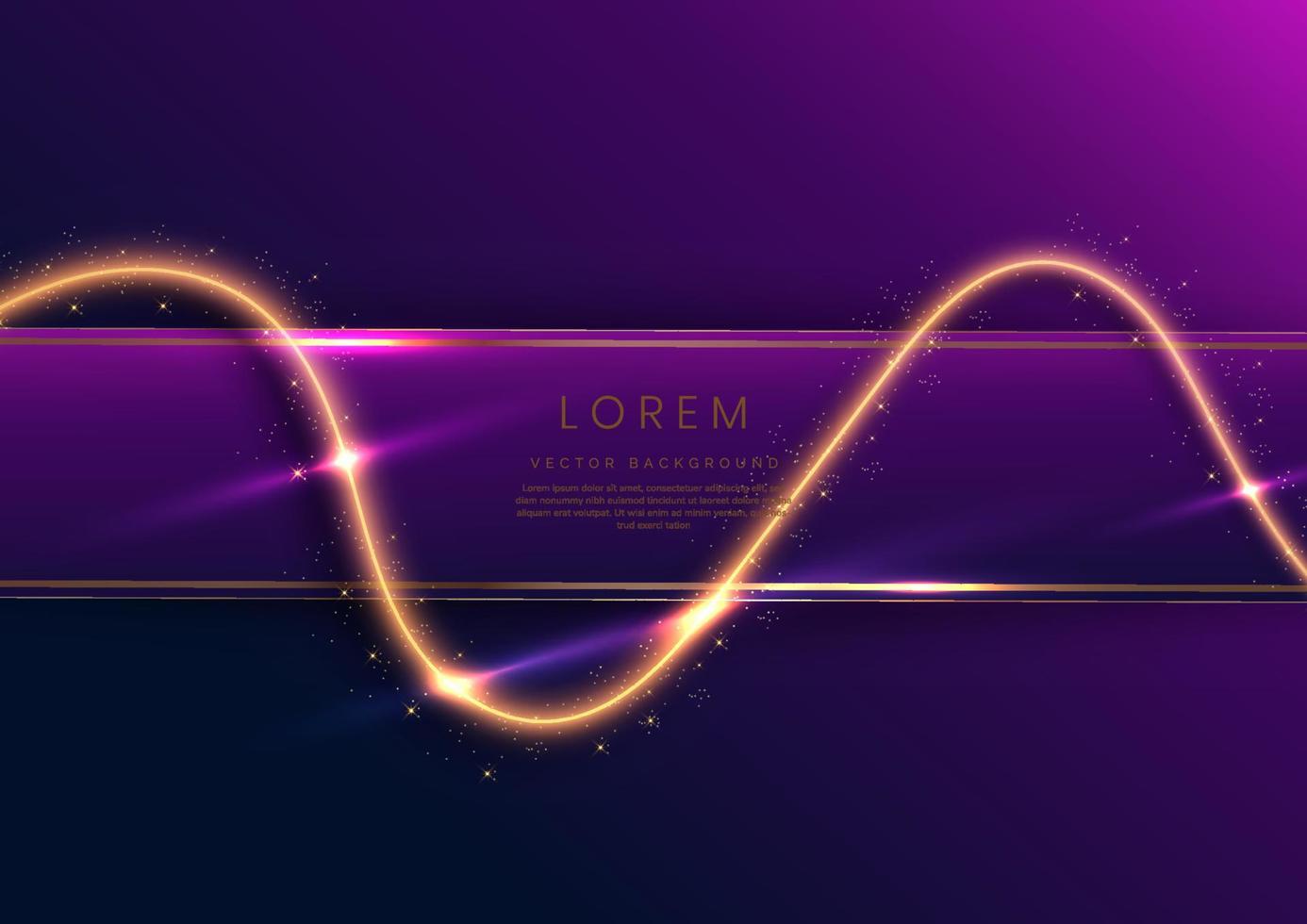 3d golden curve lighting golden on dark blue and purple background with lighting effect and spakle. Template luxury premium award design. Vector illustration