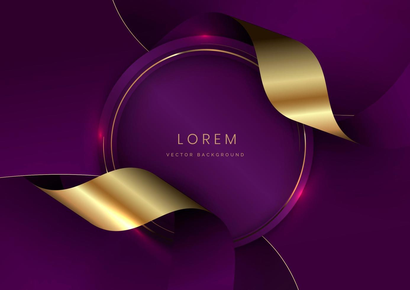 Abstract 3d curved violet and gold ribbon on violet background with lighting effect copy space for text. Luxury design style. vector