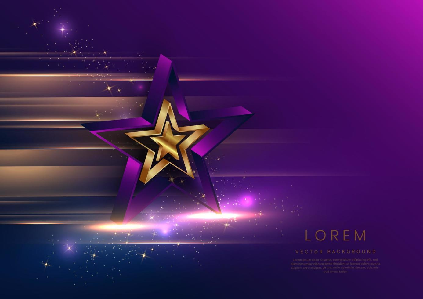 Estrella dorada 3d con dorado sobre fondo azul oscuro y morado con efecto de iluminación y spakle. diseño de premio premium de lujo de plantilla. vector