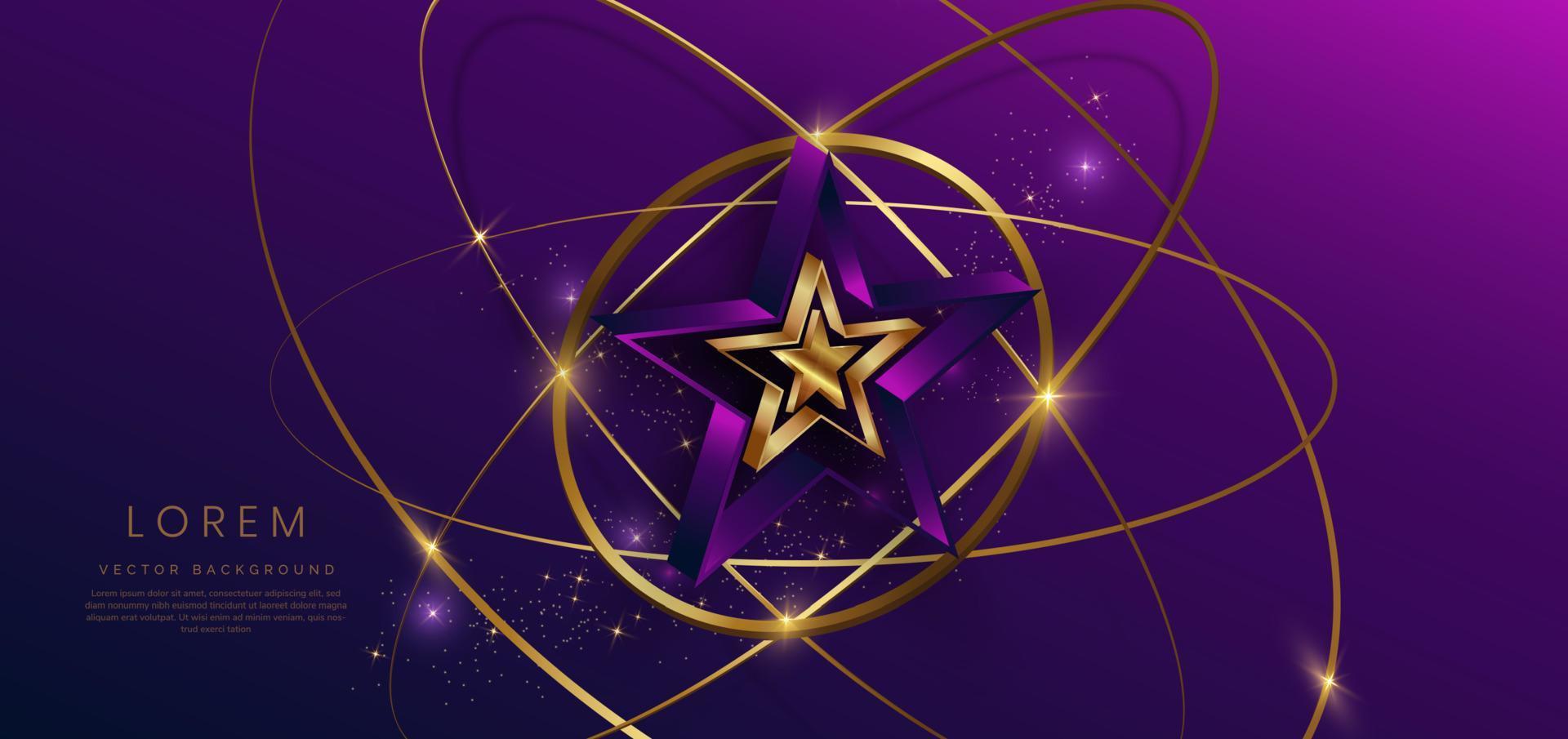 Estrella dorada 3d con dorado sobre fondo azul oscuro y morado con efecto de iluminación y spakle. diseño de premio premium de lujo de plantilla. vector