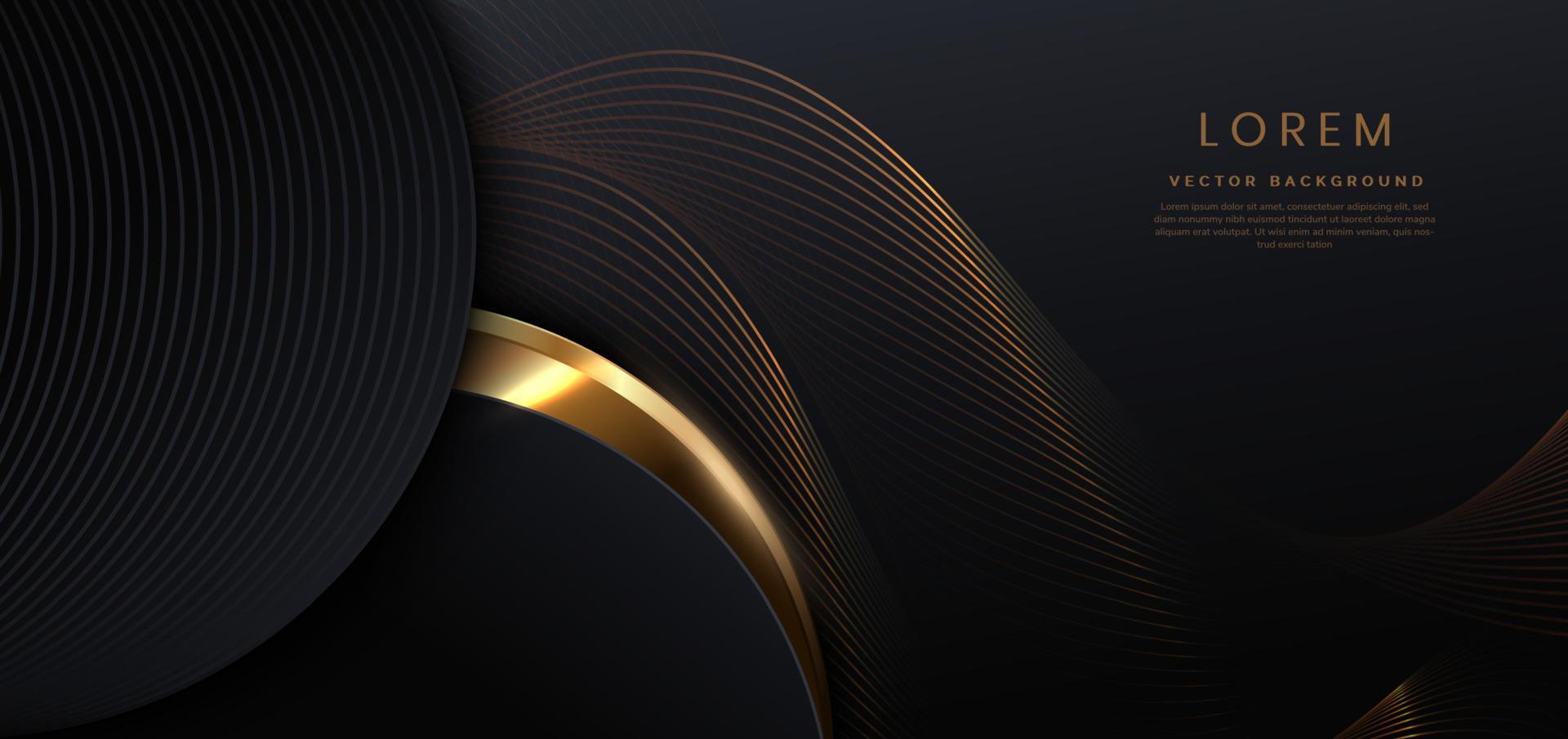 Curva negra de lujo 3d abstracta con líneas curvas doradas de borde elegante y efecto de iluminación sobre fondo negro. vector