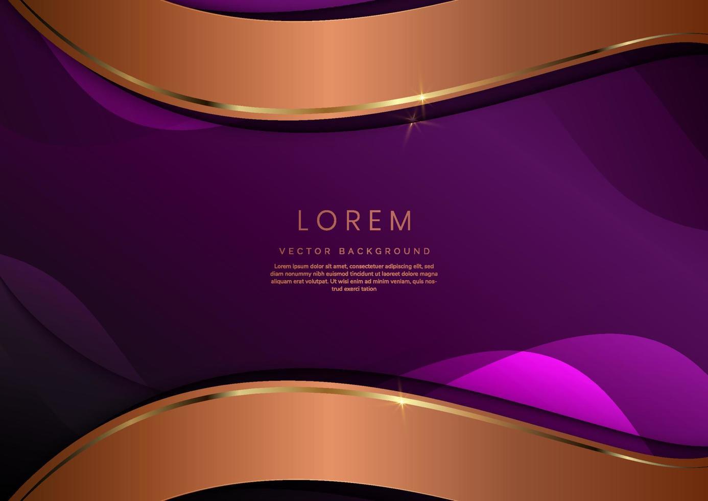 Luxury 3d template design curved gold overlapping layers stripes and gold glitter line light sparking on violet background with copy space for text. vector