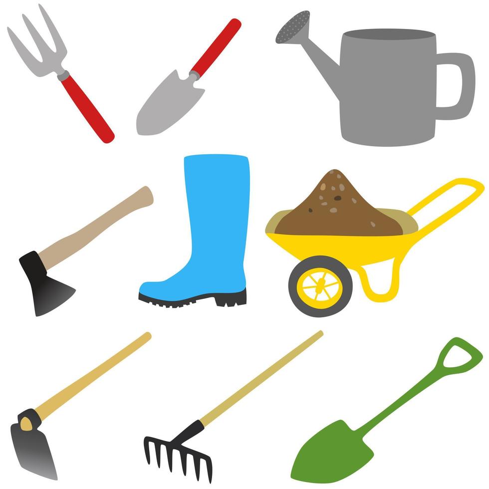 Farm and gardening cartoon equipment icon set vector. vector