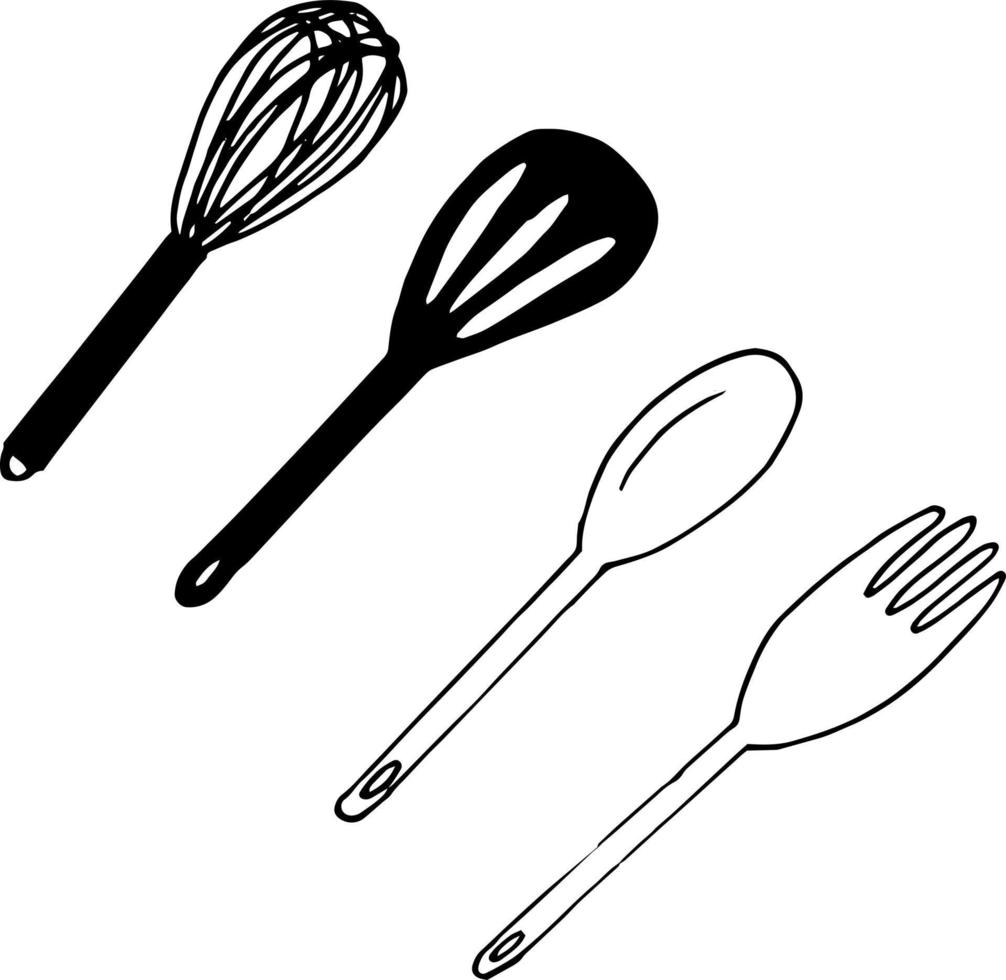 utensilios de cocina escápula, cuchara, tenedor, icono de batidor. estilo de garabato dibujado a mano. , minimalismo, boceto monocromático mezcla de cocina de alimentos vector