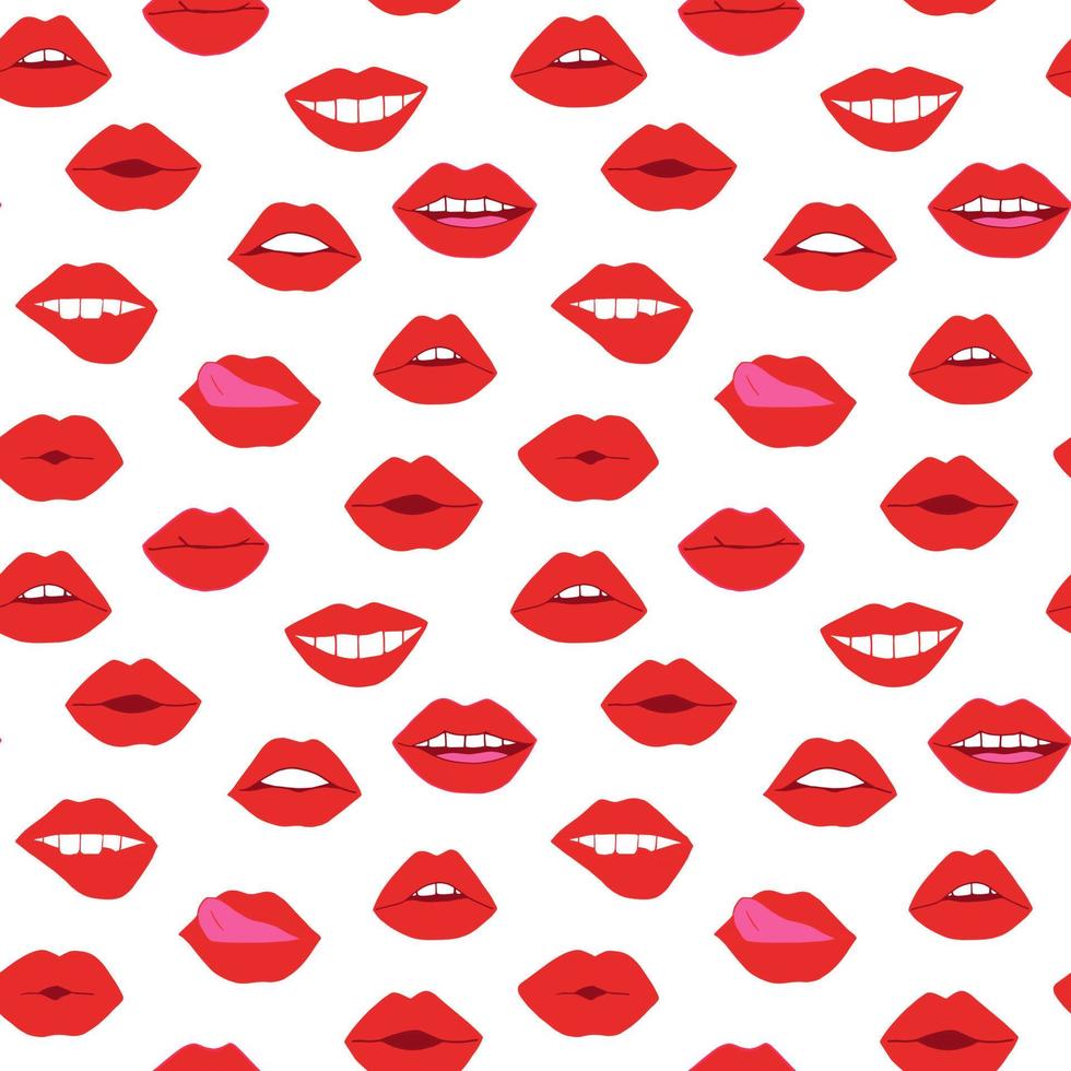 labios con patrón transparente de lápiz labial rojo. ilustración de boca dibujada a mano en estilo de dibujos animados vector