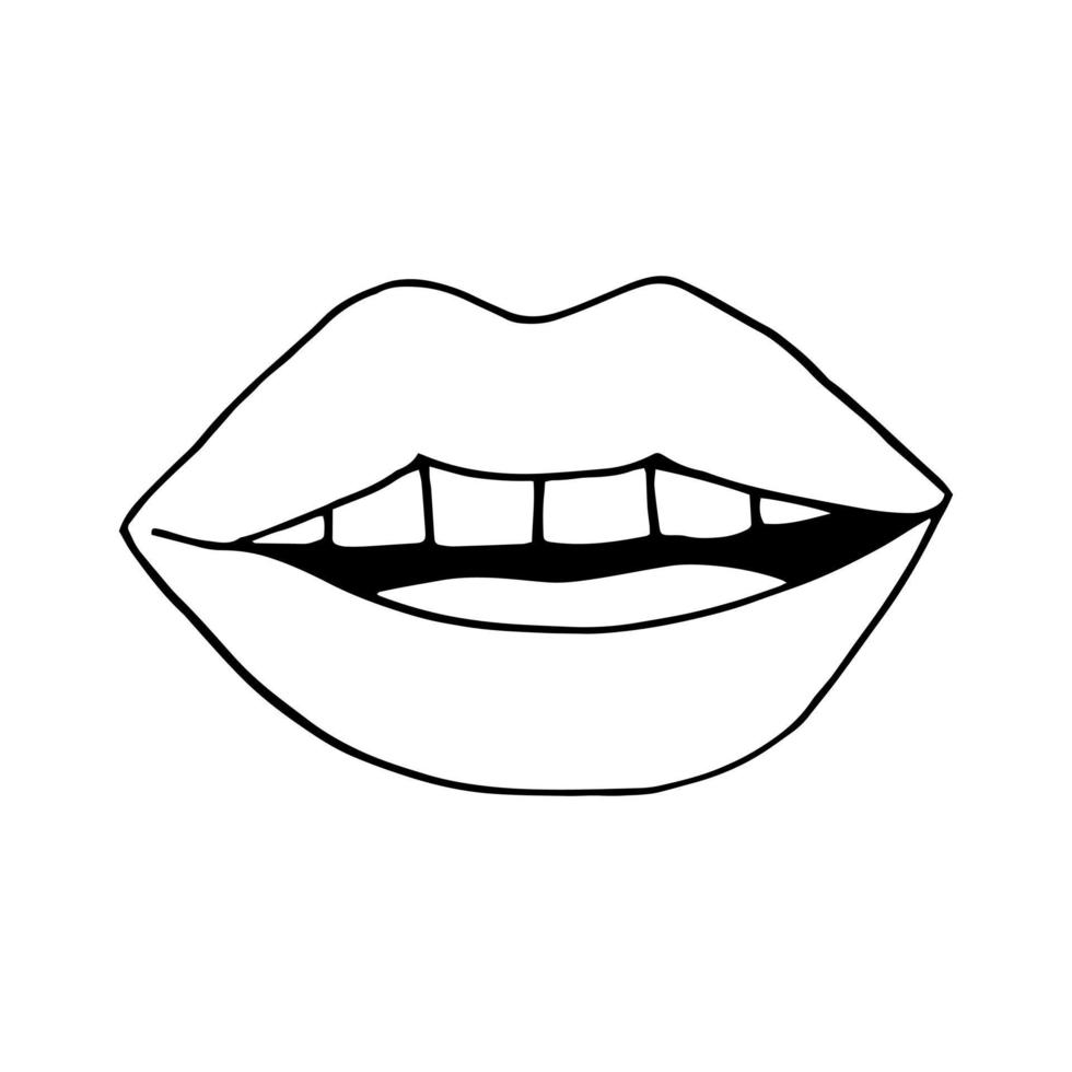 icono de labios. ilustración de boca dibujada a mano en estilo garabato. arte lineal, nórdico, escandinavo, minimalismo, pegatina monocromática vector