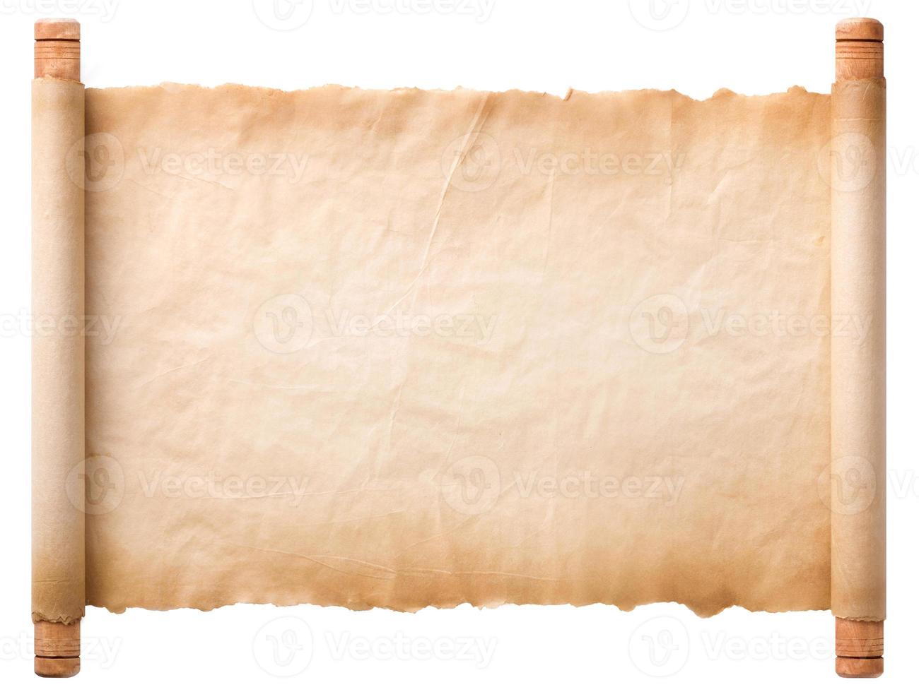 old parchment paper scroll sheet vintage aged or texture isolated on white background photo