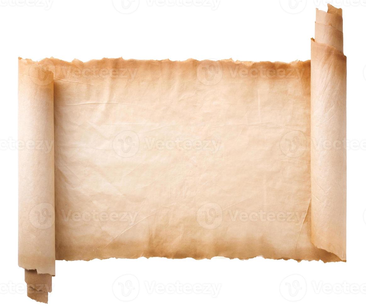 old parchment paper scroll sheet vintage aged or texture isolated on white background photo