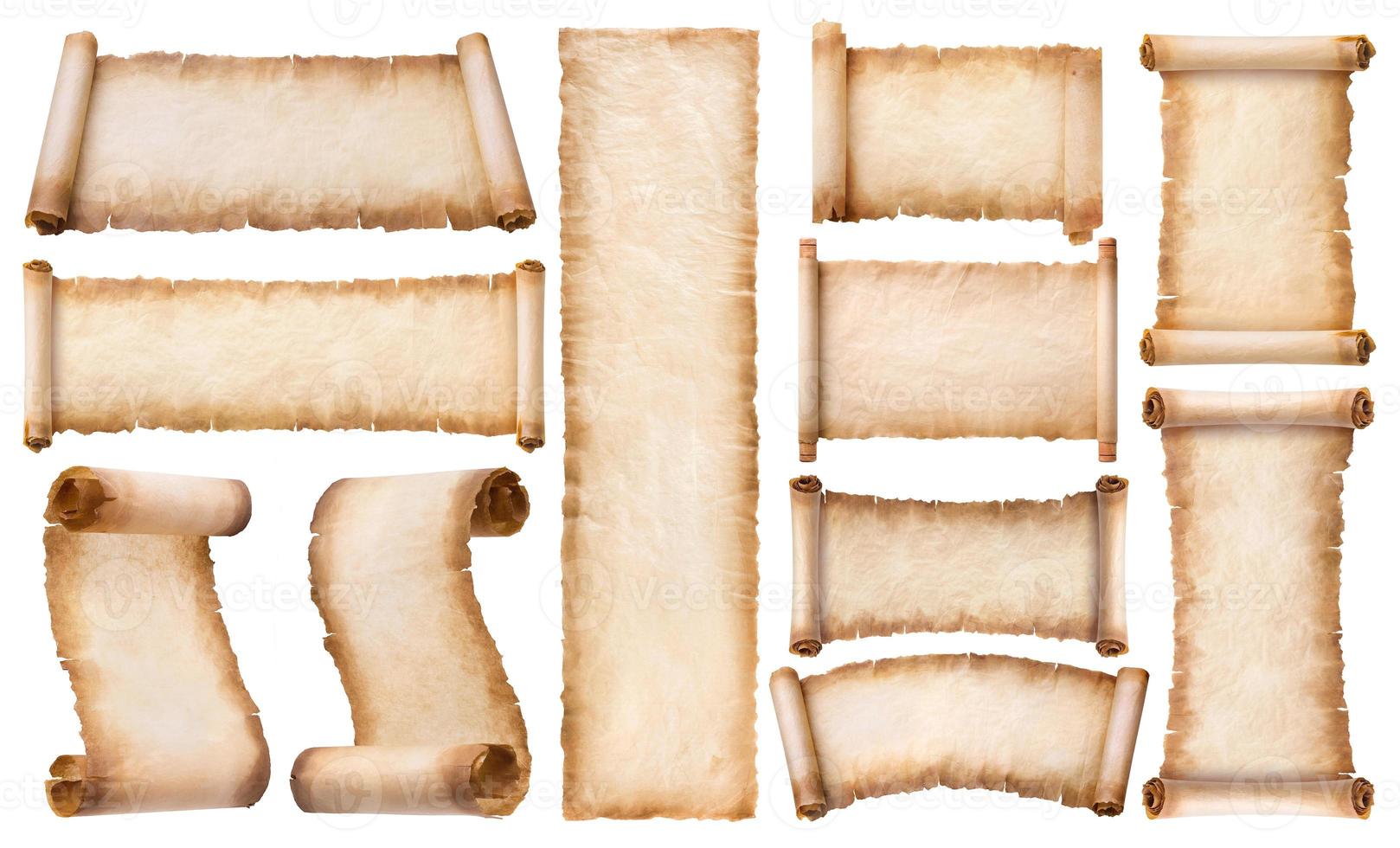 collection set old parchment paper scroll sheet vintage aged or texture isolated on white background photo