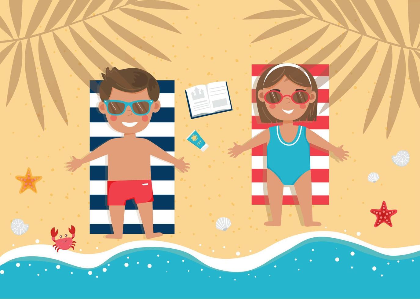 Children are lying on the beach. Boy and girl are sunbuthing. Cute little children on vacation. Kids are sunbathing on towels on the beach. Summer time, holiday. Vector illustration.