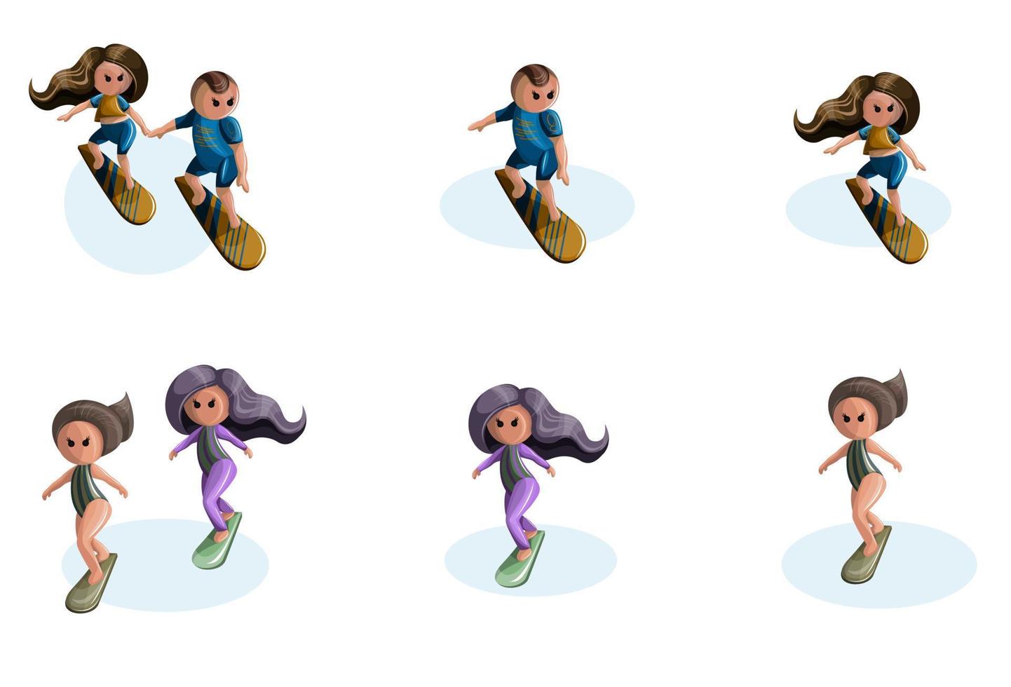 Vector set of stylized images of girls and guys on a surfboard in pairs and singles.