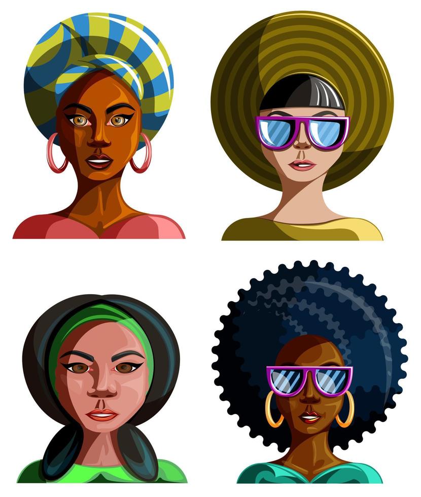 imagen vectorial de cuatro chicas de diferentes nacionalidades sobre un fondo blanco. estilo de dibujos animados eps 10 vector