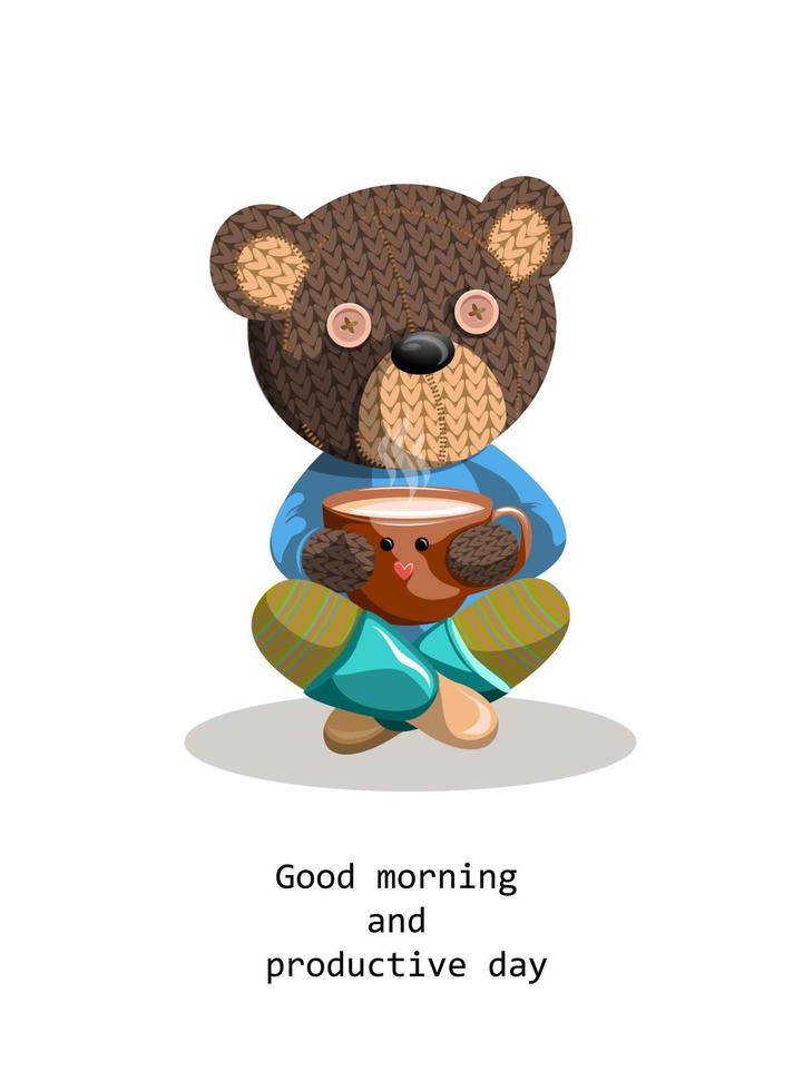 Vector image of a toy bear, with a reference to Slavic roots, sitting with a cup in Turkish