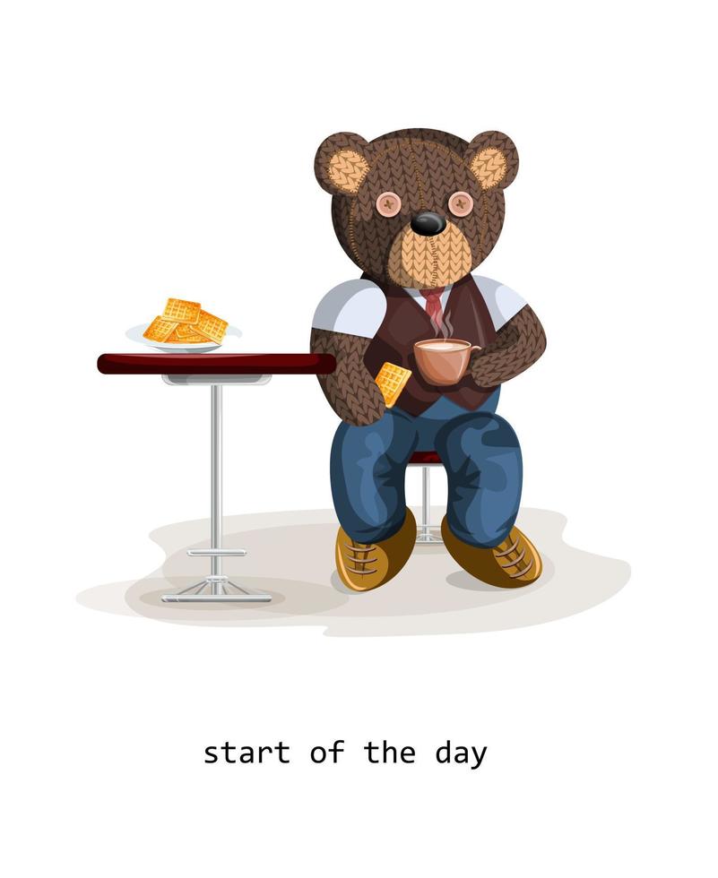 Vector image of a toy bear sitting with a cup and a treat at the table.