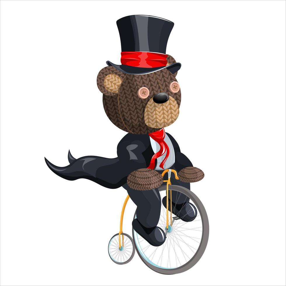 Vector image of a magician bear on a bicycle. Concept. Cartoon style. EPS 10