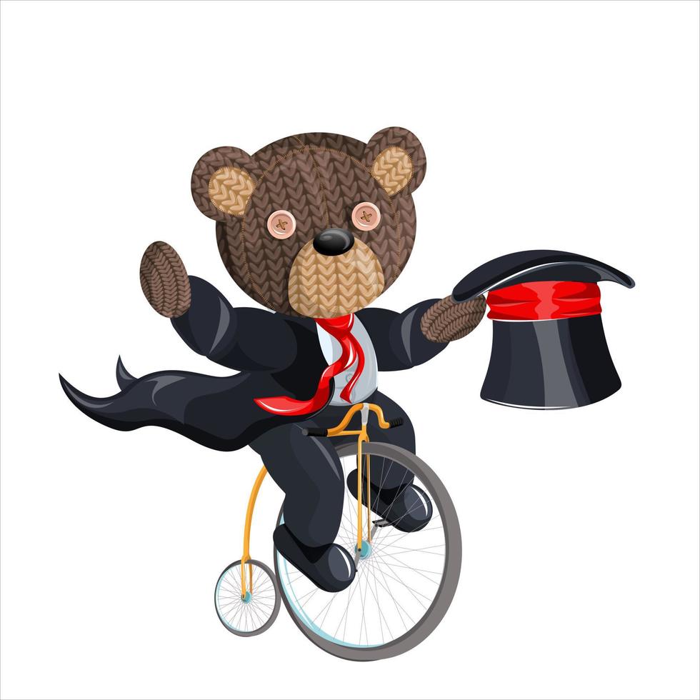 Vector image of a magician bear on a bicycle. Concept. Cartoon style. EPS 10