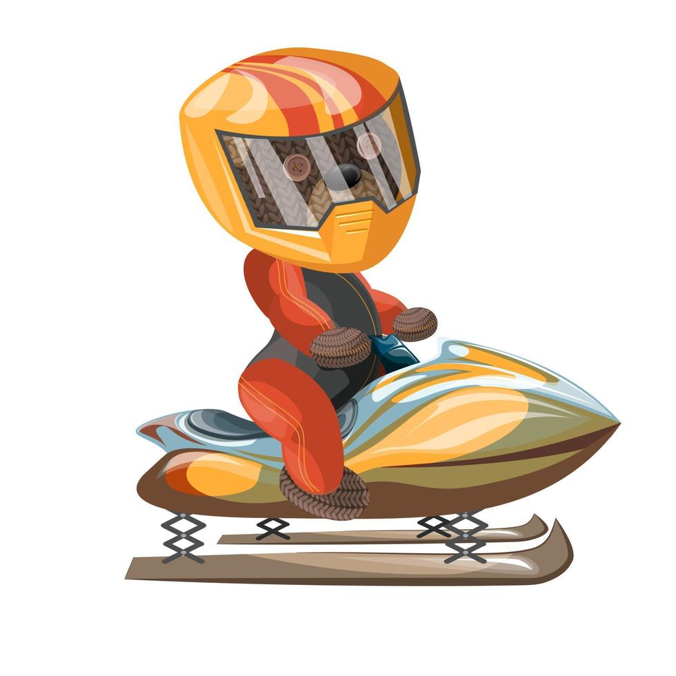 Vector image of a bear in an outfit on a snowmobile. Concept. Cartoon style. EPS 10
