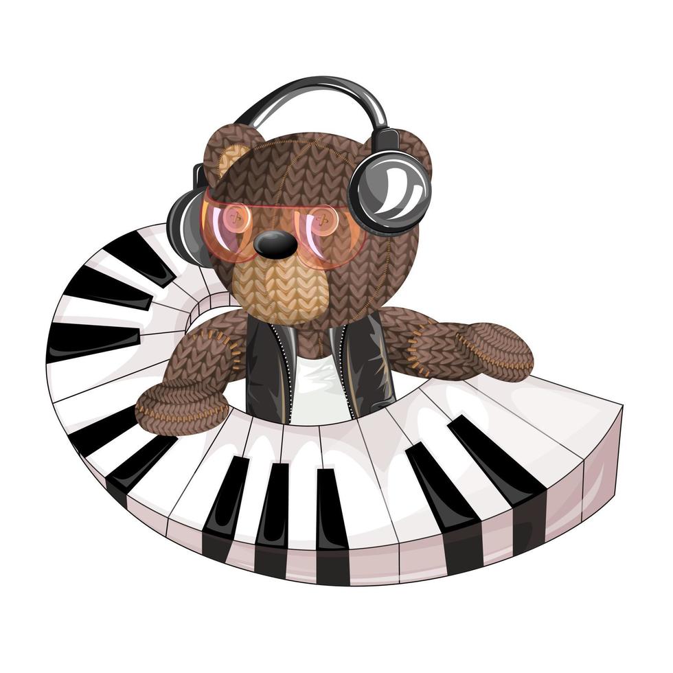 WebVector image of a toy bear with musical instruments in headphones for sound recording. Concept. Cartoon style. Isolated on white background. EPS 10 vector