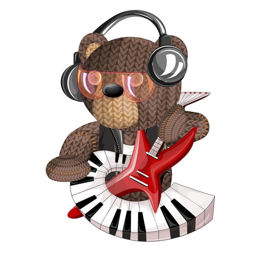 WebVector image of a toy bear with musical instruments in headphones for sound recording. Concept. Cartoon style. Isolated on white background. EPS 10 vector