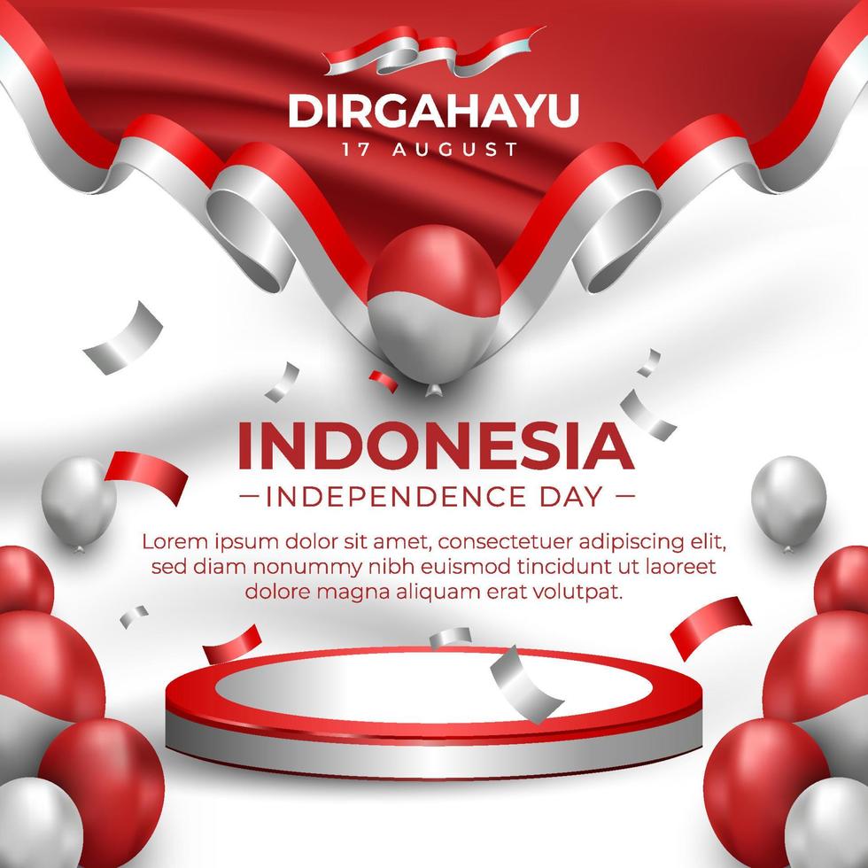 Indonesian Independence Day Social Media Flyer with Red and White Flag and Ribbon vector