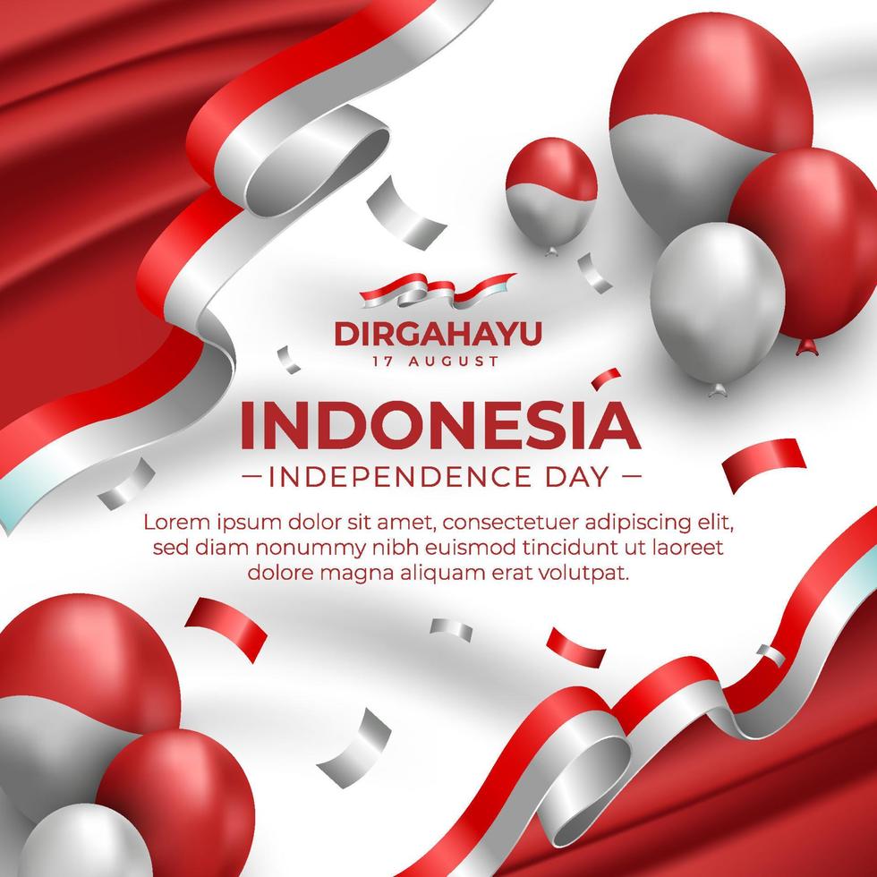 las redes sociales publican el día de la independencia de indonesia con globos y cintas rojas y blancas vector