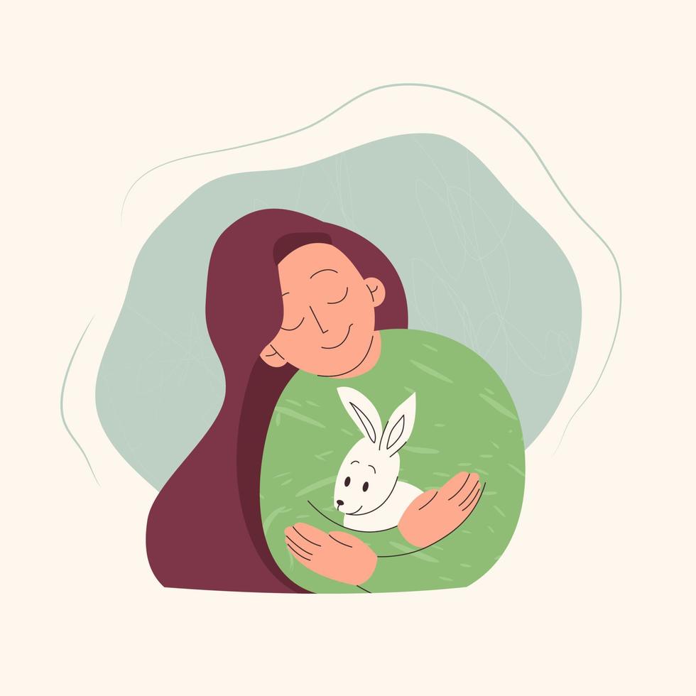 A girl hugs a rabbit. Careful attitude to animals. Vector illustration about sustainability.