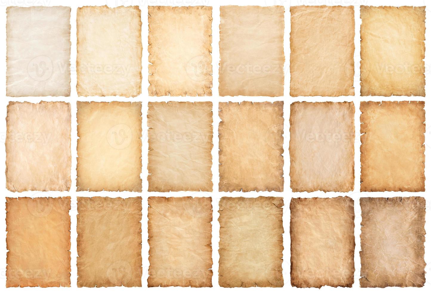 collection set old parchment paper sheet vintage aged or texture isolated on white background photo