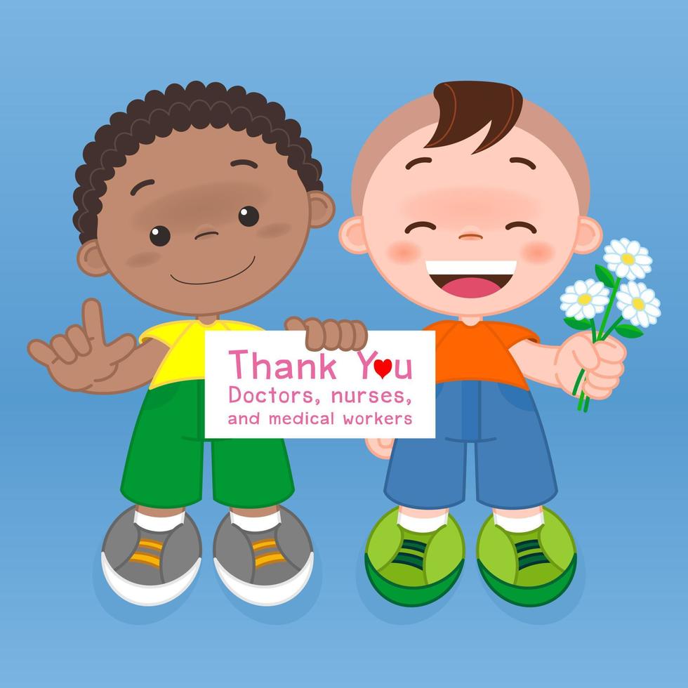 Boys holding signs and give flower Thank you Doctors, Nurses and Medical workers in hospitals fighting the coronavirus, Vector illustration background for design