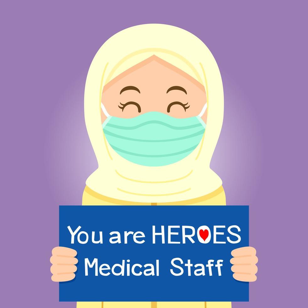 The child held a sign with a message praising the medical staff as the hero working in the hospital and fighting with the coronavirus, Vector illustration background for design