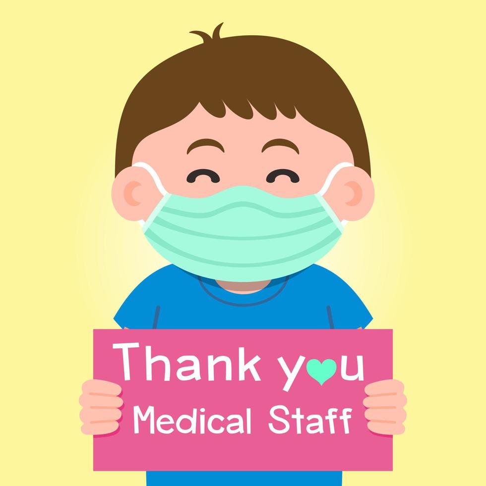 The child held a sign with a message thanking the doctors and nurses working in the hospital and fighting with the coronavirus, Vector illustration background for design