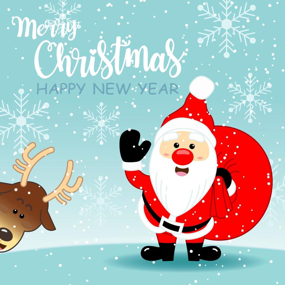 tarjeta de felicitación con lindo santa claus y lindo reno sobre fondo verde claro, ilustración de vector de personaje de dibujos animados de vacaciones para feliz navidad y feliz año nuevo