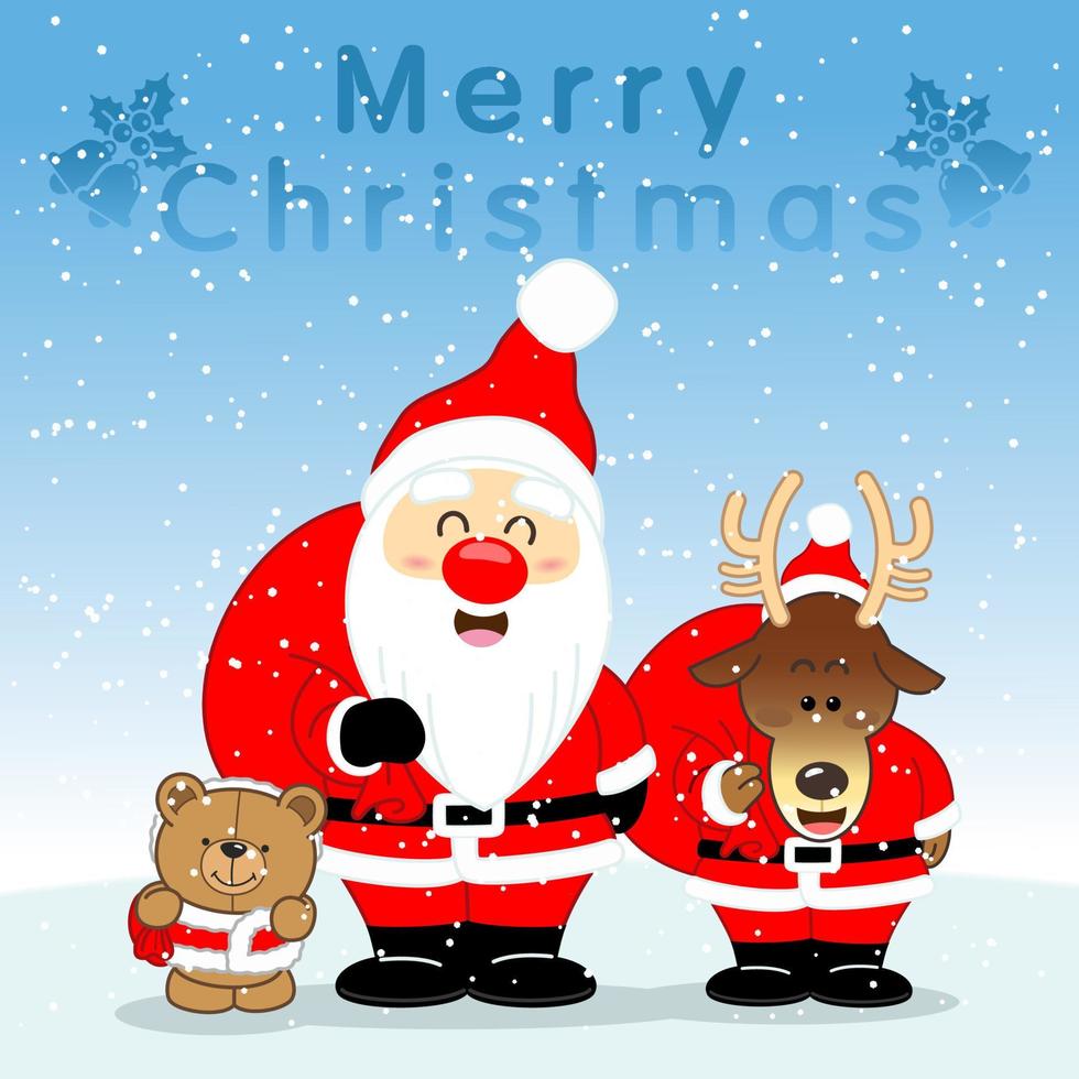 Greeting card with Cute Santa Clause and cute brown bear, cute reindeer, Holidays cartoon character vector illustration for Merry Christmas and Happy new year