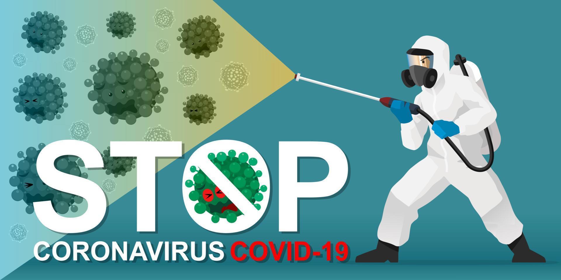 ilustración vectorial científicos médicos en trajes hazmat limpieza protección y desinfección de células coronavirus, concepto epidémico riesgo pandémico para la salud para el diseño vector