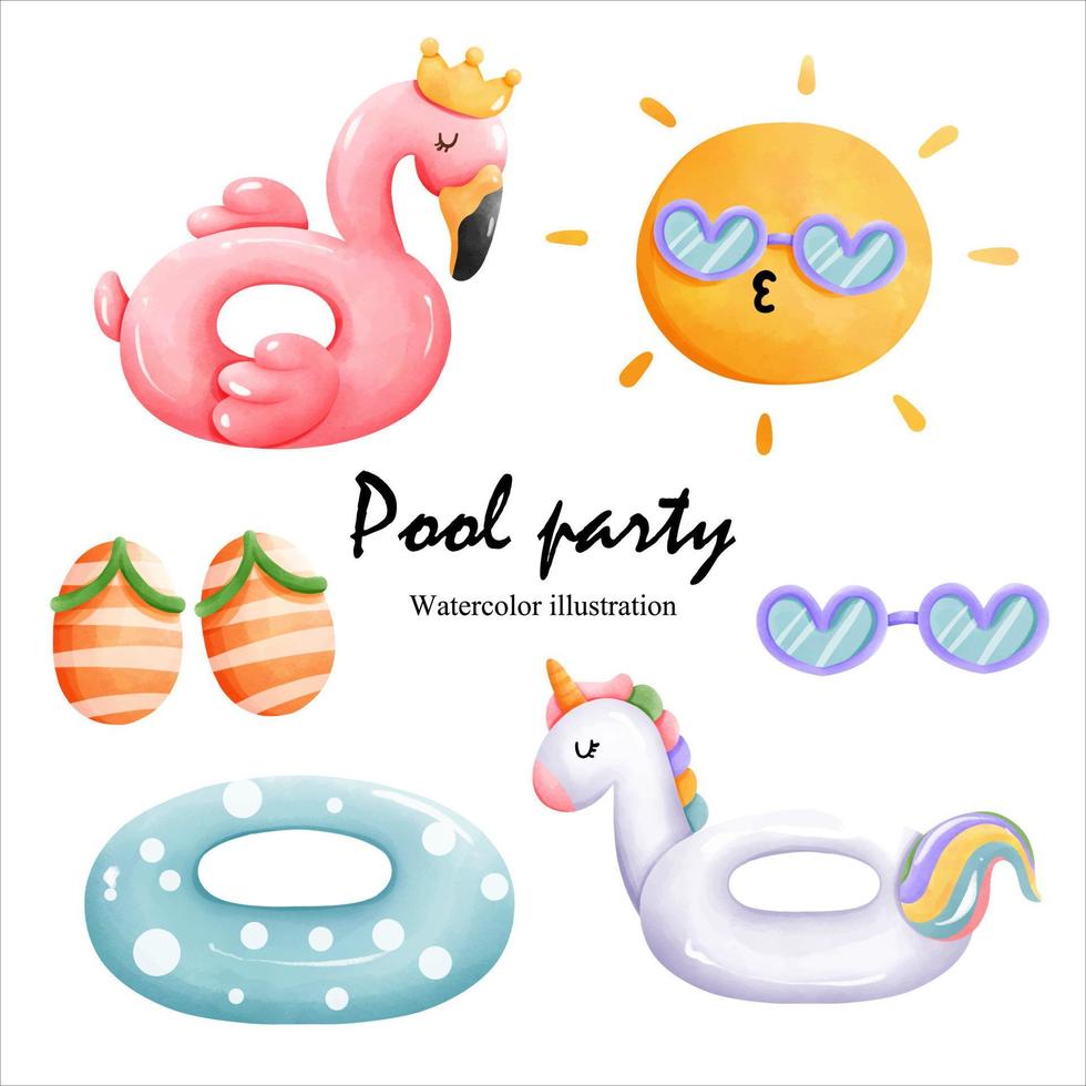 fiesta en la piscina de acuarela con inflable. ilustración vectorial vector