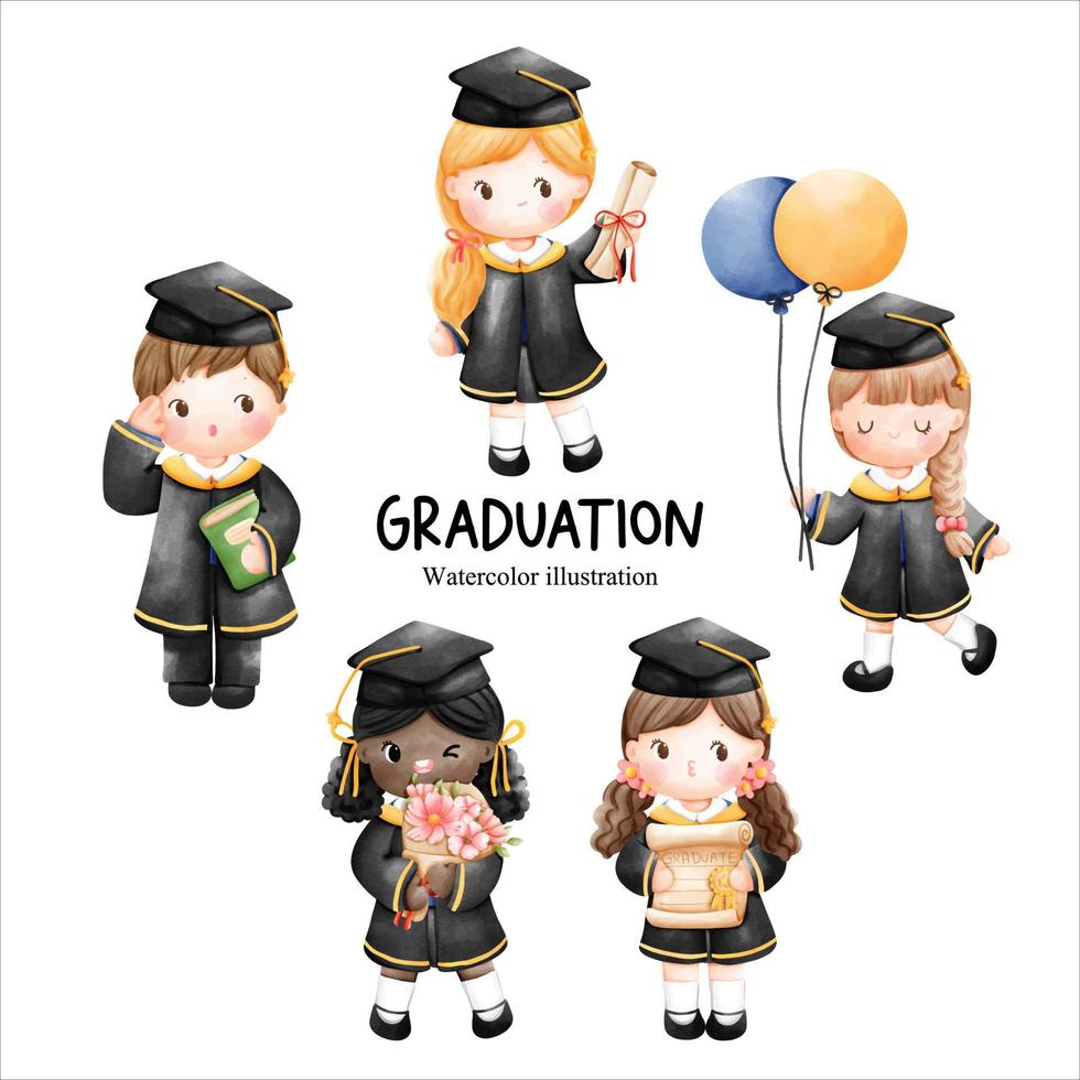 Boy and girl graduation day, children. Vector illustration