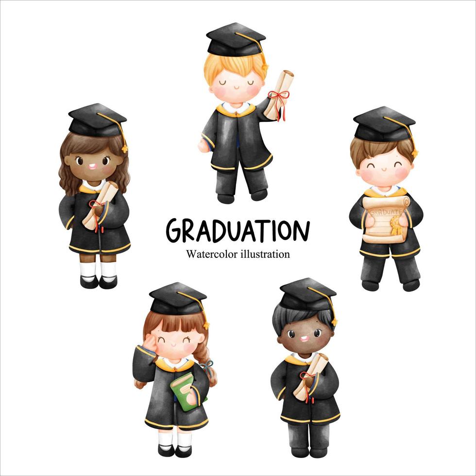 Boy and girl graduation day, children. Vector illustration